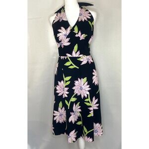 Karin Stevens 90s Black Floral Halter Dress Tie Back Y2K Rockabilly Size 12